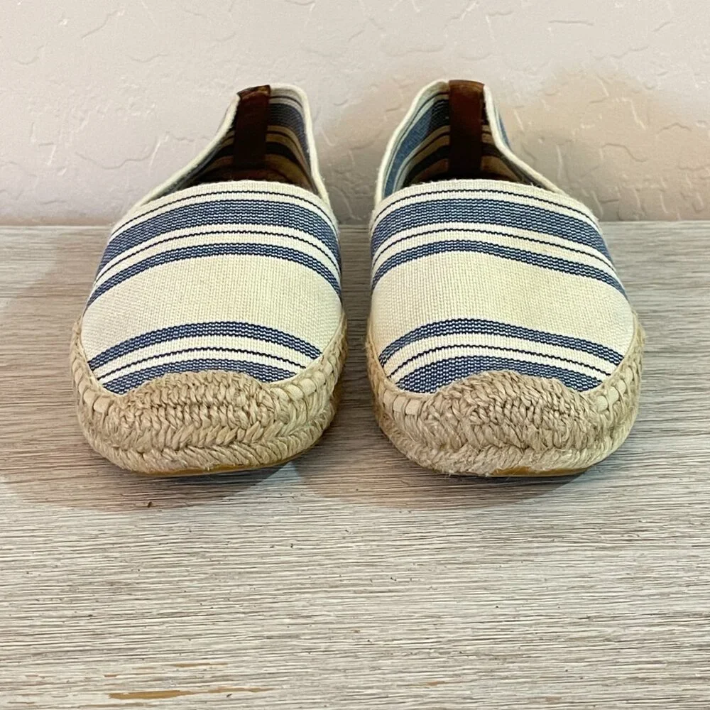 Tory Burch Espadrille Flats Slip On Shoes Ivory Navy Blue Stripe 7